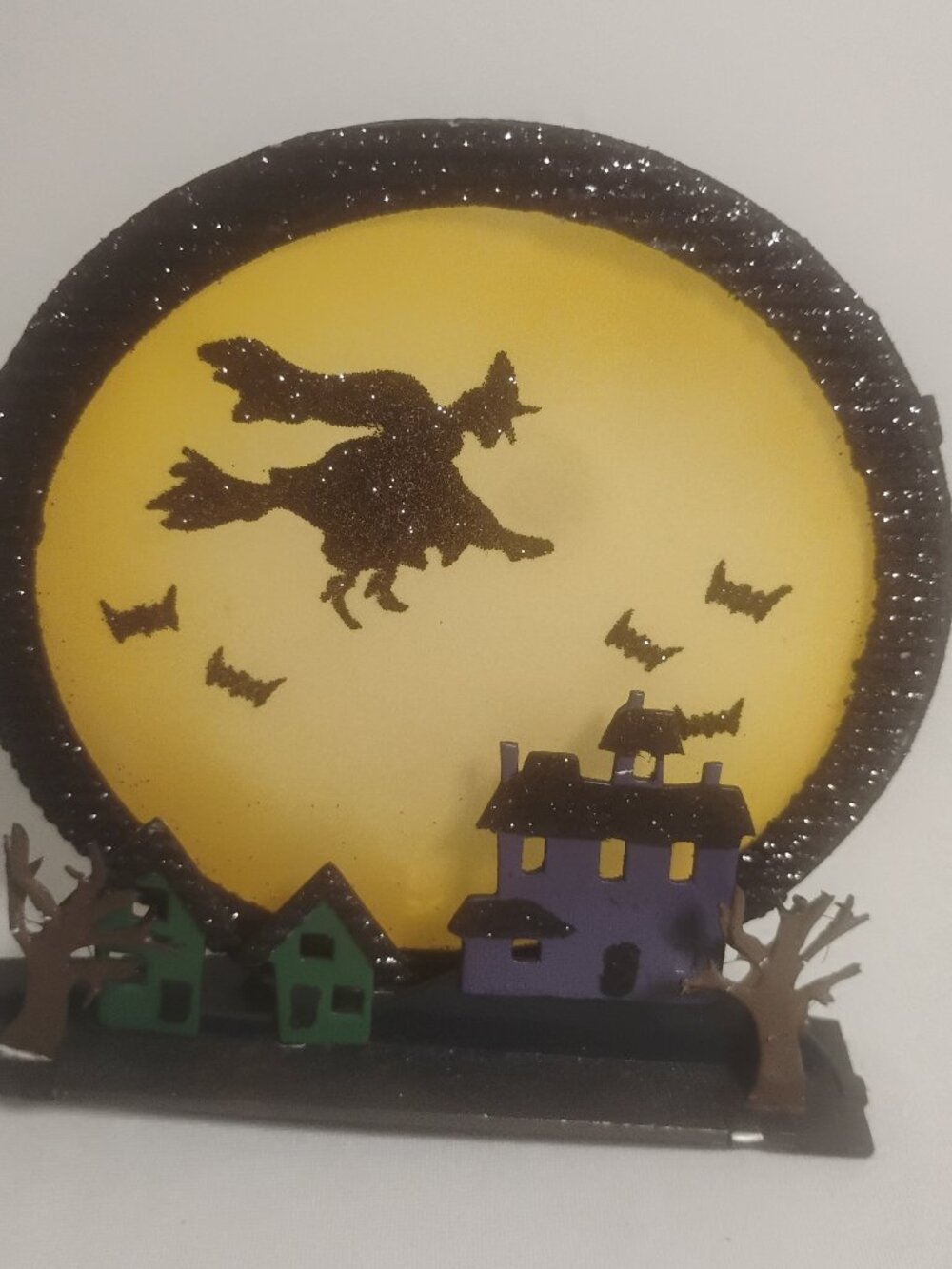 Halloween Flying Witch Full Moon Shadowbox Haunted House Tabletop Decor